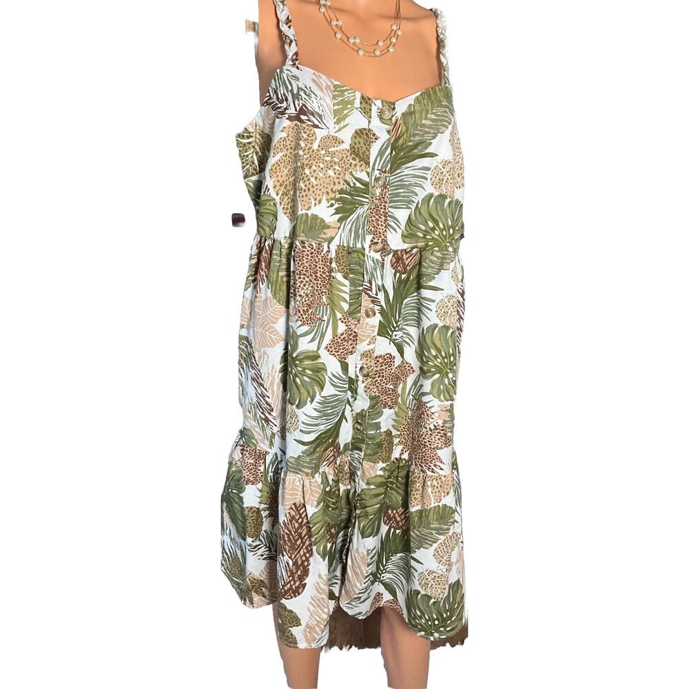 Beach Lunch Lounge Womens Tropical Print Linen Blend Front Button Dress Large
